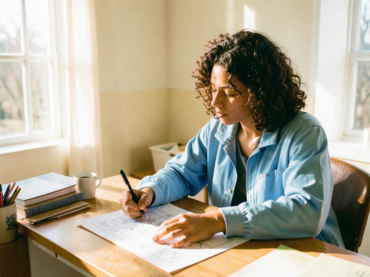 A product marketer sketching a demo storyboard at a sunlit desk